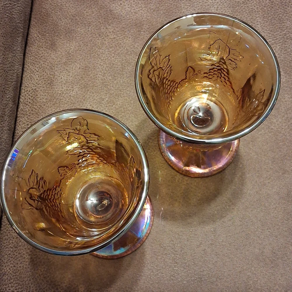 1970s Indiana Glass Iridescent Amber Grape Pattern Goblets